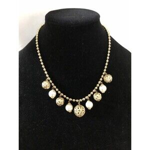 Vintage Gold Tone 18” Necklace With Small Gold Balls And Filigree Balls